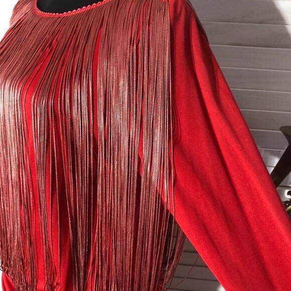 Vintage rare 70s Red Fringe 20s Flapper style elegant Cocktail Dress Sz L - Picture 8 of 13